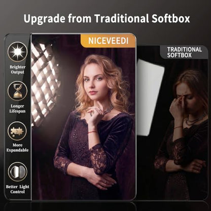 Niceveedi Softbox Lighting Kit, 2700-6500K LED Photography Lighting with 16.5” Quick-Release Softbox/Bowens Mount/Cooling System/Remote/Tripod, 90W Video Light for Video Recording/Streaming/Portraits
