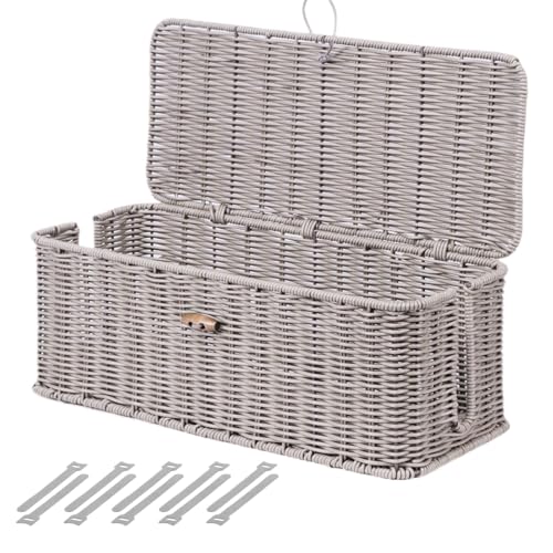 BROWNLILY Cable Management Box, Rattan Style Cord Organizer for Desk Cord Hider Outlet Covers for Power Strip TV PC Router Charger Under Desk Storage with Lockable Lid and Cable Ties - color: Gray, size: L