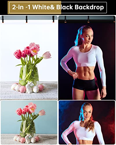 UTEBIT 5x6.5ft White Black Backdrop with 4 Spring Clamps (Without Stand) | 2-in-1 Collapsible Black White Screen Backdrop Revisible for Photography Photoshoot Portraits Party Video Studio - size: 5 * 6.5FT