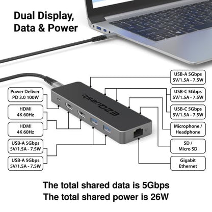 USB-C Hub 12-in-1: Dual 4K 60Hz HDMI, 100W PD, Gigabit Ethernet, 5X USB Ports (2X USB-C, 3X USB-A 5Gbps), SD/MicroSD, Audio Jack - Docking Station for Windows, MacBook Pro/Air, Chromebook - color: Ultimate 12-in-1(Space Black)