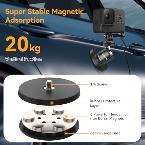 UTEBIT 66mm Strong Magnetic Base Mount with 360° Rotation Ball Head, Black | Magnet Camera Mount with Phone Holder Compatible with Gopro Hero, for DJI Osmo Action Osmo Nano, for Insta360, Action Camera - size: 66MM