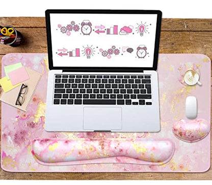 Large Mouse Pad and Keyboard Wrist Rest, Desk Pad for Keyboard and Mouse, 4-in-1 Large Gaming Mouse Pad with Wrist Support, Non-Slip Desk Mat for Home Office Study Game-Pink Gold Marble - color: Pink Gold Marble