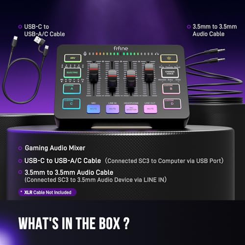 FIFINE Gaming Audio Mixer, Streaming RGB PC Mixer with XLR Microphone Interface, Individual Control, Volume Fader, Mute Button, 48V Phantom Power, for Podcast/Recording/Vocal/Game Voice-AmpliGame SC3