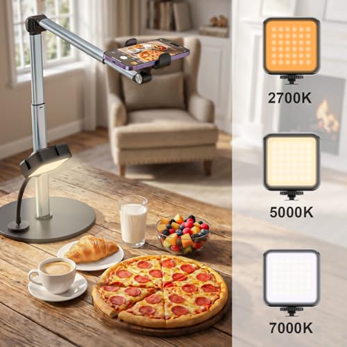 Overhead Phone Mount with Rechargeable & Gooseneck Light for Cooking Videos, Adjustable Desk Stand for Content Creators, Tripod for Hands-Free Video Recording, Compatible with Smart Phones
