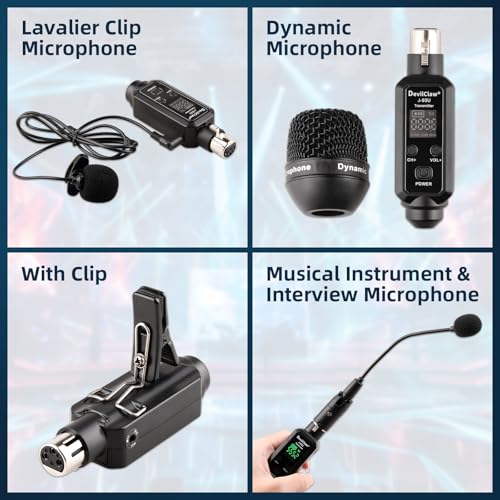 48V Phantom Power Wireless XLR System - 0V/5V/48V Switchable for Dynamic & Condenser Mics - UHF Audio Adapter with Lavalier & Instrument Microphone for Mixer PA DJ