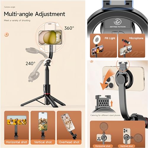 Magnetic Mini Extendable Selfie Stick Tripod Holder Stand with Fill Light Bluetooth Wireless Remote for iPhone 15 14 13 12 & Android