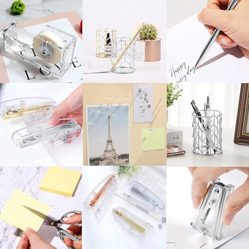 Office Desk Accessories，Office Supplies Set Acrylic Stapler Set Staple Remover, Tape Holder, Pen Holder, 2 Ballpoint Pen, Scissor, Binder Clips, Paper Clips and 1000pcs Staples(Silver) - color: Silver