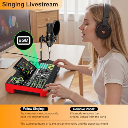 podcast equipment bundle, live sound card, streaming audio mixer, Podcast microphone bundle for PC/mobile live streaming, singing, gaming, soundboard with voice changer and noise reduction function