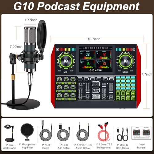 neculogy G10 Podcast Equipment Bundled with Audio Mixer Integrated Podcast Production Studio, Equipped with P15 Microphone, Used for Live Streaming, Podcast Recording PC,YouTube Recording