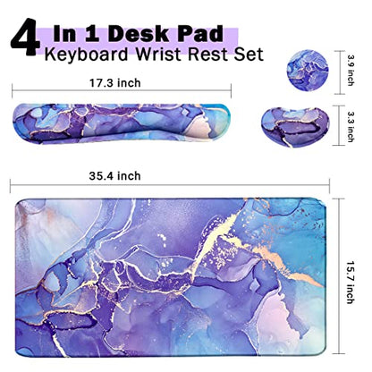 Large Mouse Pad and Keyboard Wrist Rest, Desk Pad for Keyboard and Mouse, 4-in-1 Large Gaming Mouse Pad with Wrist Support - Purple Marble - color: Purple Blue Marble