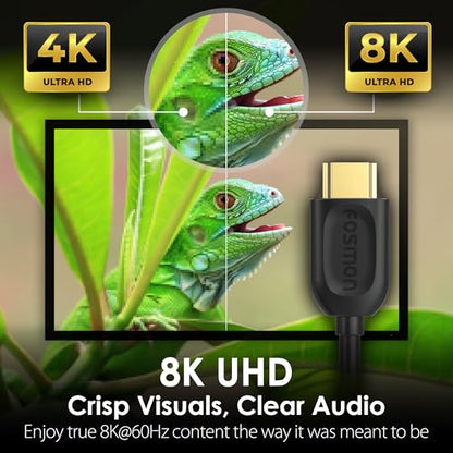 Fosmon 8K 4K HDMI Cable 10FT, Ultra High Speed HDMI 2.1 Cable, 8K@60Hz, 4K@120Hz, 48Gbps, CL2 in-Wall Rated, 30AWG, Dynamic HDR and Dolby Vision, Supports eARC, Ethernet, 3D Black - size: 10FT, style: 8K