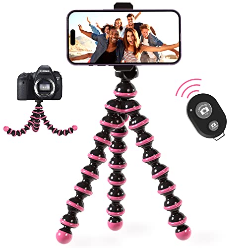 TalkWorks Flexible Tripod for iPhone, Android, Camera - Bendable Legs, Adjustable Stand Holder with Mini Wireless Remote for Selfies, Vlogging, Beauty/Makeup, Live Streaming/Recording - Pink - color: Pink