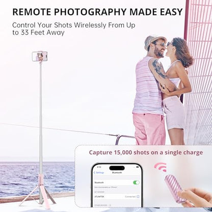 ATUMTEK 55" Selfie Stick Tripod, All-in-one Extendable Aluminum Phone Tripod with Rechargeable Bluetooth Remote for iPhone and More, Fitting 4.7-7 inch Smartphones, Pink