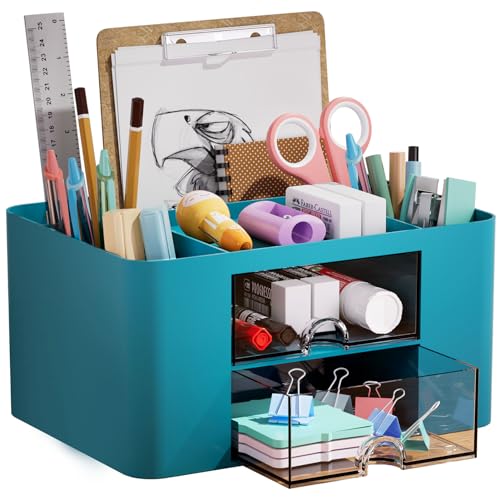 Marbrasse Pen Organizer with 2 Drawer, Multi-Functional Pencil Holder for Desk, Desk Organizers and Accessories with 5 Compartments + Drawer for Office Art Supplies (Dark Green) - color: Dark Green