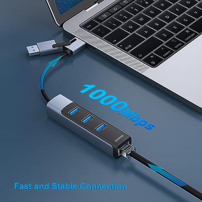BENFEI 4in1 USB-C/USB 3.0 to Ethernet Adapter with 3*USB 3.0 Ports Compatible for iPhone 15 Series, MacBook Pro/Air 2023/2022/2021/2020/2019 and More - style: USB upright