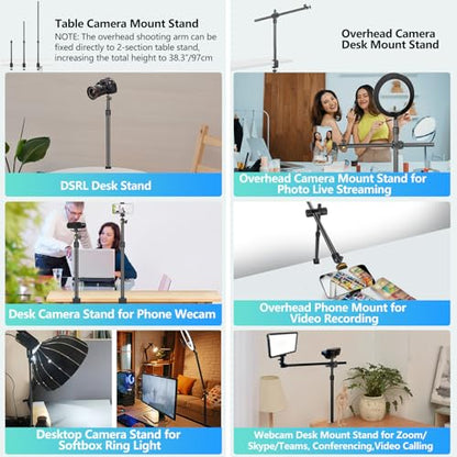 Camera Desk Mount Webcam Stand with Overhead Articulating Magic Boom Arm 1/4" Ball Head for DSLR Tripod, Adjustable Light Stand, Tabletop C Clamp for Ring Light Photo Video Shooting Live Streaming - size: 2DFPGYL
