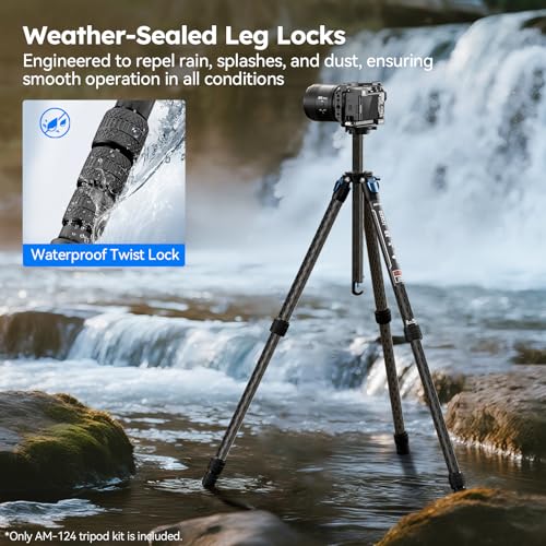 SIRUI AM-124 Carbon Fiber Tripod with Triangular Center Column, 62.6" Compact Travel Tripod for Camera, 4 Sections, Waterproof Twist Lock, Load 26.5lbs - size: 62.6 inches