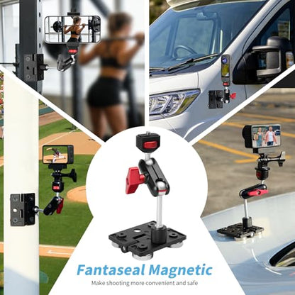 fantaseal 4lbs-Load Strong Magnetic Hinge Phone Action Camera Car Mount Holder Steel Pillars Vlogging Kit w/Adjustable Dual Ball Head Magic Arm for GoPro Insta360 DJI OSMO iPhone Video Recording