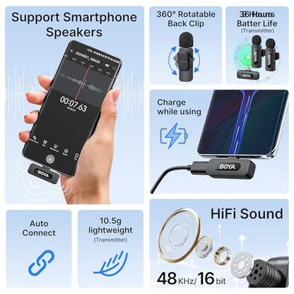 BOYA BY-V20 Wireless Microphones for iPhone 17/16/15 & Android/Laptop with USB-C Port, 328ft Range, 9H Battery Life, Noise Reduction Mini Mic Clip on Lapel Microphone Wireless for Video Recroding - size: 2TX+USB-C RX