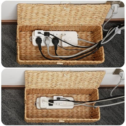 Posprica Cable Management Box with Lid, 2Pack Handwoven Real Water Hyacinth Cord Hider Organizer Boxes, 2 Side Open Slots Storage Box to Hide Cords Power Strip for Desk, Floor, Office