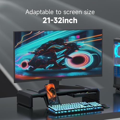 Heymaster Monitor Stand Riser with Drawer, Foldable & Adjustable Length Computer Stand with Phone & Tablet Holder, Space Saving Desk Organizer Shelf for Home Office, Laptop, Desktop - color: Black-Basic