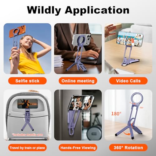 COMAN DP58 Magnetic Phone Tripod, Aluminum MagSafe Tripod Stand with Carabiner, Mini Portable Travel Pocket Stand for iPhone & Non-Magnetic Phones with Included Ring - color: Purple