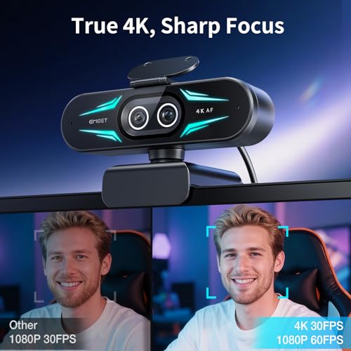 EMEET C60E Dual 4K Webcam for Streaming with Tripod, Wide-Angle and Telephoto Cameras, Max 11X Hybrid Zoom & PDAF Autofocus, Remote Control, RGB Lighting, 2 Mics, Plug & Play USB Webcam for PC & Mac - style: Dual-Camera w/ Tripod