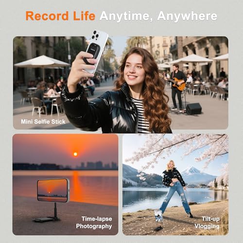 Magnetic Phone Tripod Stand, Portable Mini Selfie Stick for iPhone 17/16/15/14/13/12 & MagSafe, Aluminum Angle-Adjustable Foldable Strong Magnet Phone Holder, Travel Essentials - color: Charcoal Black