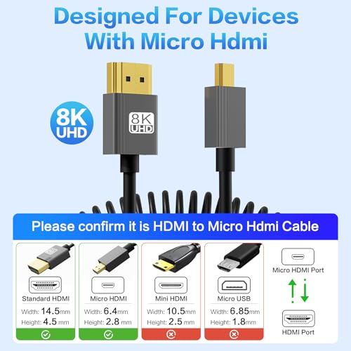 8K Micro HDMI to HDMI Coiled Cable 1-3FT, Male to Male HDMI to Micro HDMI Spiral Cord, Support 8K@60Hz and 4K@240Hz, Compatible with Laptops, Cameras, DSLRs, Camcorders, Portable Screens and Monitors