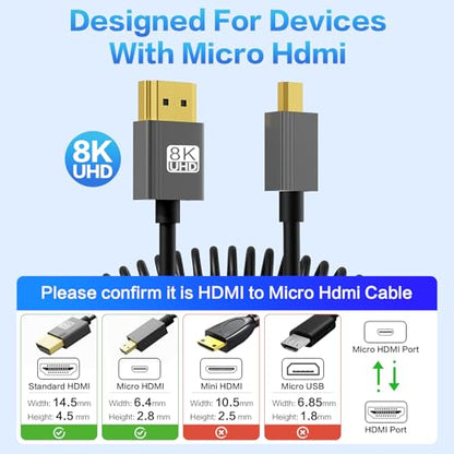 8K Micro HDMI to HDMI Coiled Cable 1-3FT, Male to Male HDMI to Micro HDMI Spiral Cord, Support 8K@60Hz and 4K@240Hz, Compatible with Laptops, Cameras, DSLRs, Camcorders, Portable Screens and Monitors