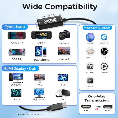 GUERMOK Video Capture Card, USB3.0 HDMI to USB-C Capture Device, Stream & Record at 2K@30FPS 1080P@60FPS, Compatible with Mac OS Windows, Quest 3, OBS, Zoom, PS5/4, Switch, Xbox (Black) - color: Black