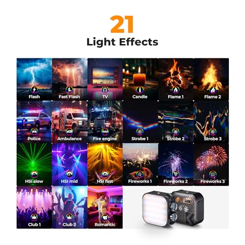 K&F CONCEPT 2000mAh RGB Video Light 21 Light Effects, 2500K-9900K, CRI 96+ | 360° Full Color Portable Light, Magnetic Rechargeable LED Panel Camera Light with 1/4" Screw Mount for Vlogging Selfie, Black - color: Black