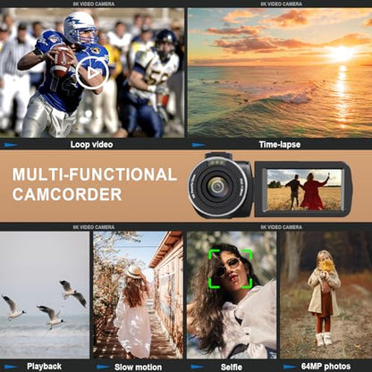 8K Video Camera Camcorder 64MP YouTube Vlogging Cameras IR Night Vision WiFi Webcam Camcorders with 18X Digital Zoom 3.0”Touch Screen Stabilizer, Mic, 64G SD Card, Remote Control and 2 Batteries