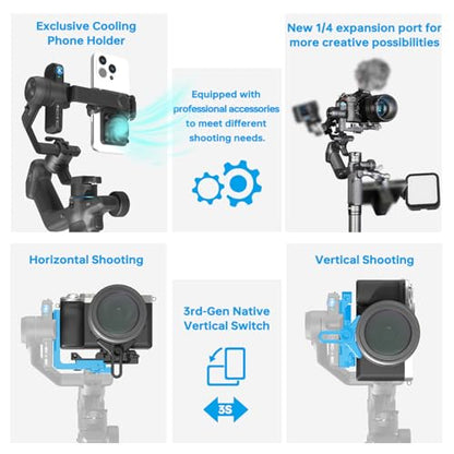FeiyuTech SCORP Mini 3 Pro Gimbal Stabilizer/AI Tracking 4.0&Detachable Smart Handle|Holds Mirrorless Cameras,Smartphones,Action Cam up to 4.4lbs|Wireless Control,No App Gestures,Cooling Mount