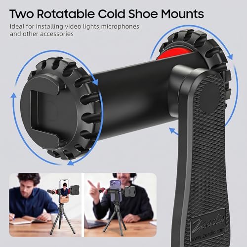 Zeadio Universal Phone Tripod Mount, Cell Phone Holder Clamp with Dual Rotatable Cold Shoe, 360° Rotation & 180° Tilt for Camera Hot Shoe, Vlogging, Video Recording - style: Cold-shoe Version