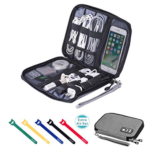 Travel Cable Organizer Bag Waterproof Portable Electronic Accessories Organizer for USB Cable Cord Phone Charger Headset Wire SD Card with 5pcs Cable Ties(Grey) - color: Grey