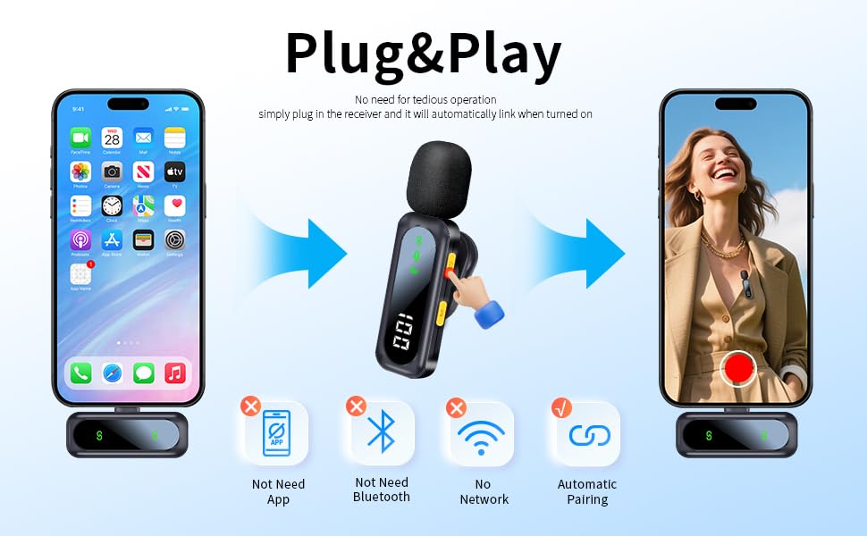 Wireless Lavalier Microphone with Magnetic Clip & LED Display, Mini Lapel Mic，Wireless Microphone for iPhone,Android, iPad, for Video Recording, Streaming, Interview, Vlog,Tiktok,YouTube - size: 04_All iPhones & Androids (LED Display)