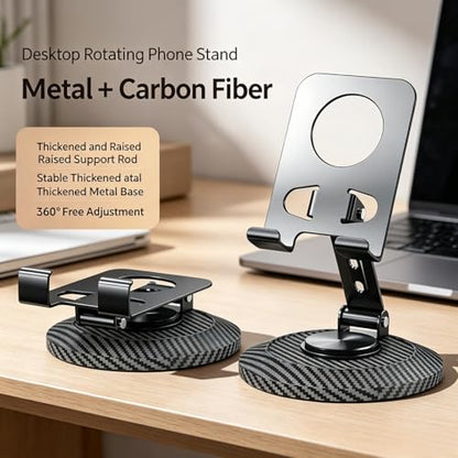 Adjustable Cell Phone Stand,360 Rotating Foldable Desktop | Cellphone Stand with Anti-Slip Base Portable Phone Holder for iPhone 17 16 15 14 13 Pro Max, All Smart Phones, iPad - color: Carbon fiber color