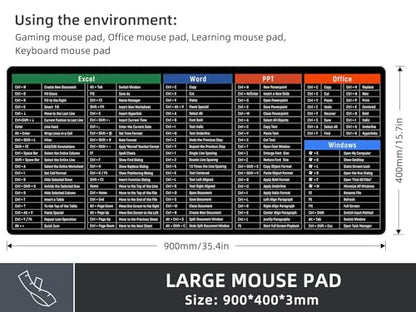 Rinaze Large Mouse Pad Desk Mat with Excel Shortcuts Cheat Sheet, Anti-Slip Keyboard Pad with Multifunctional, Gaming Mousepad, Office Desk Accessories for Computer, MacBook, PC and Laptop - color: Multi-black