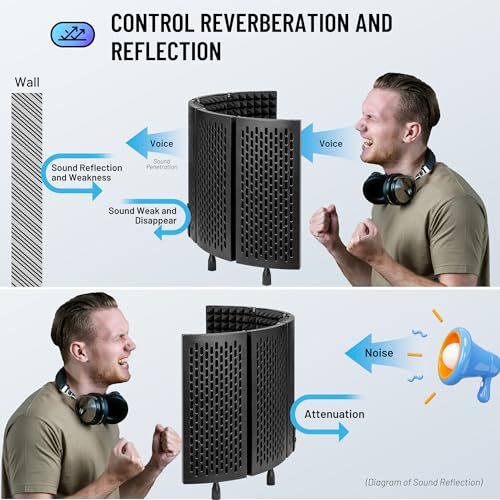 CAHAYA Microphone Isolation Shield Foldable - Mic Shield Recording Studio Sound Absorbing Foam Reflector with 3/8" and 5/8" Mic Adapter Microphone Recording Equipment Black