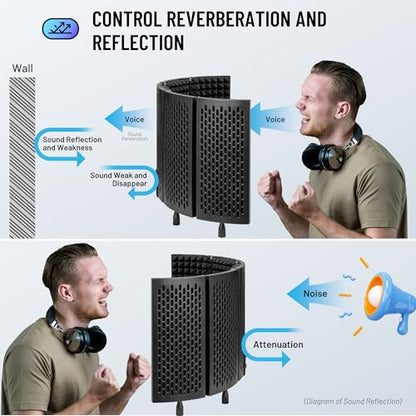 CAHAYA Microphone Isolation Shield Foldable - Mic Shield Recording Studio Sound Absorbing Foam Reflector with 3/8" and 5/8" Mic Adapter Microphone Recording Equipment Black