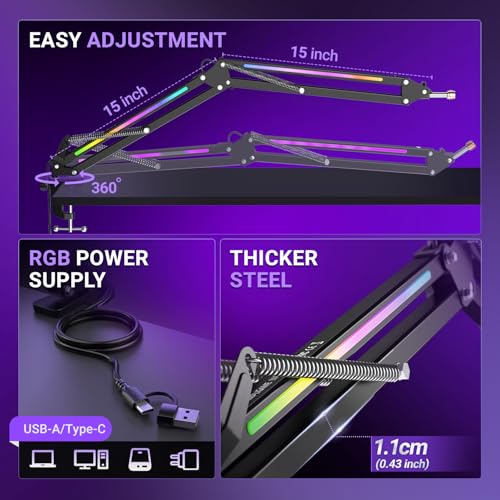 FIFINE Microphone Boom Arm, Metal Adjustable Mic Arm Stand with RGB Control, 3/8” to 5/8” Screw Adapter, Desk Mount Clamp, Suspension Scissor Mic Stand for Gaming Streaming Podcast-AmpliGame BM38 - color: Black