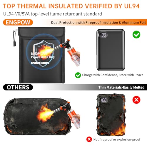 ENGPOW Fireproof Organizer Travel Bag, Heat Insulated＆Explosion-Proof Electronic Carry Case, Portable Home Travel Safe Storage for Power Bank,Phone,Cables,USB Drive and Charging Protection, 9''x7'' - size: 9'' x 7''
