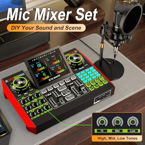 podcast equipment bundle, live sound card, streaming audio mixer, Podcast microphone bundle for PC/mobile live streaming, singing, gaming, soundboard with voice changer and noise reduction function