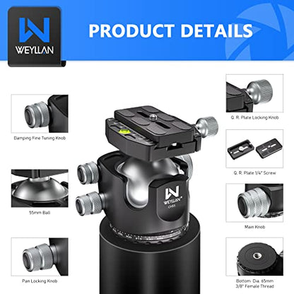 Low Profile Ball Head 55mm Tripod Ball Head Panoramic Tripod Head, CNC All Metal Tripod Camera Head for Tripods, WEYLLAN CH55 with Mlok Rail Arca Swiss Quick Release Plate, Max Load 88lbs/40kg - size: 55mm