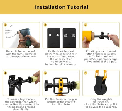 3 Roller Photography Backdrop Background Support Wall Mount Manual Pull Down System for Photo Studio with 6 Expand Bars + 3 Chains + 2 Tri-fold Hooks for Holding 3 Backdrops