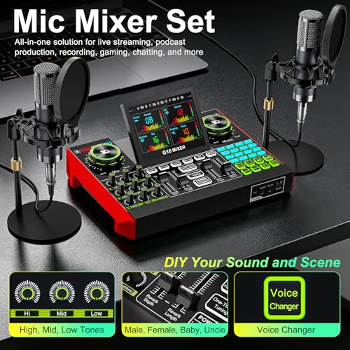 tenlamp G10 Dual Microphone Podcast Equipment Bundle with Live Sound Board Audio Mixer - Two Condenser Mics, Voice Changer, Noise Reduction, for PC/Phone Streaming, Gaming, Singing, Podcast