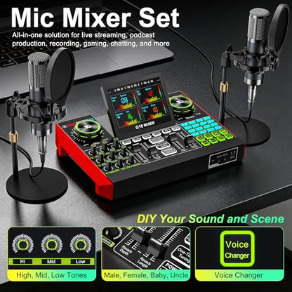 tenlamp G10 Dual Microphone Podcast Equipment Bundle with Live Sound Board Audio Mixer - Two Condenser Mics, Voice Changer, Noise Reduction, for PC/Phone Streaming, Gaming, Singing, Podcast