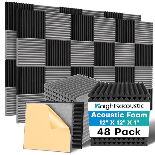 Knightsacoustic 48 Pack Sound Proof Foam Panels for Walls with Self Adhesive, 12x12x1 Acoustic Foam Panels, High Density Acoustic Panels Sound Absorbing, Fire Resistant Studio Sound Proofing Black - size: 48Packs Grey+Black with Adhesive