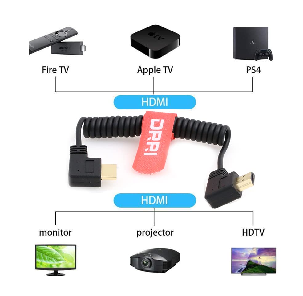 8K High Speed HDMI-A 2.1 Coiled Cable - Left Angle to Right Angle for Z Cam, Lumix S5 II, Sony A7IV, BMPCC4K, Hollyland 400s Transmitter - color: Black Coiled, size: Left HDMI-Right HDMI